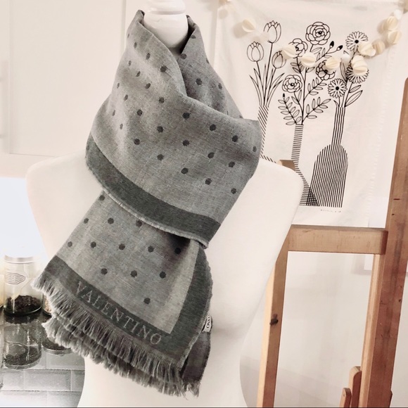 VALENTINO Polka Dot Grey Wool Scarf - Picture 10 of 13